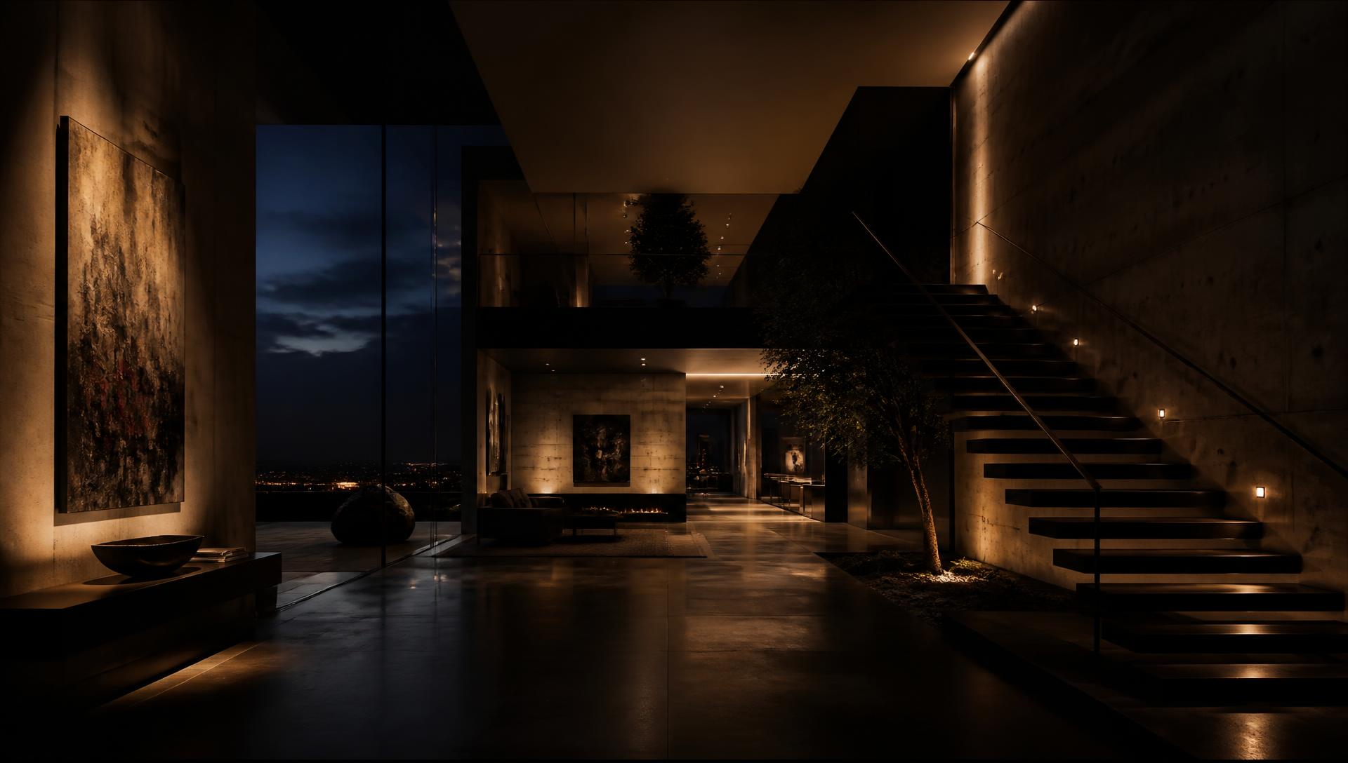 Dark modern architectural interior lit by warm accent lighting
